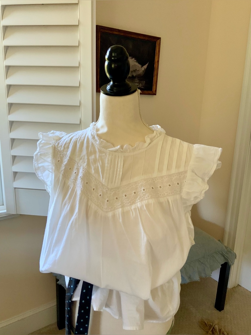 J. Crew White Eyelet Pintuck Ruffle Sleeve Top